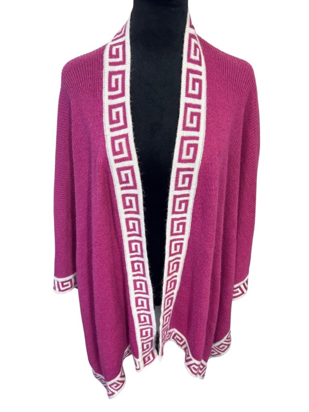 Peruvian 100% Alpaca Wool Women's Shawl Wrap Open Cardigan Pink Geometric Trim - Picture 2 of 8